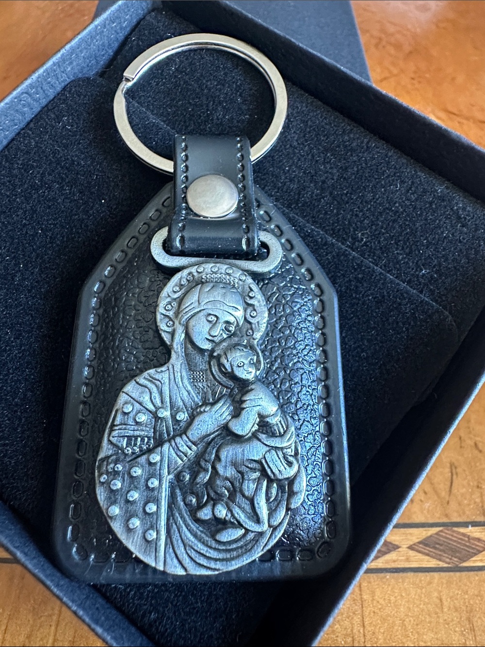 Hand Crafted Black Leather Madonna & Child Keychain